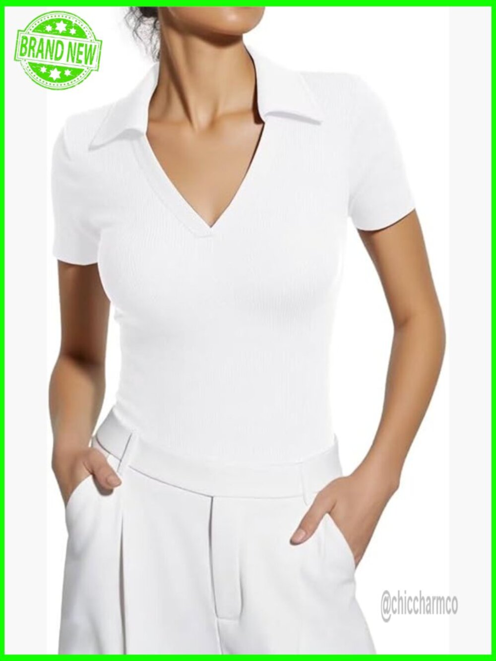 Slim Fit Polo Shirt, V-Neck, Ribbed Knit, Short Sleeve, Active Wear